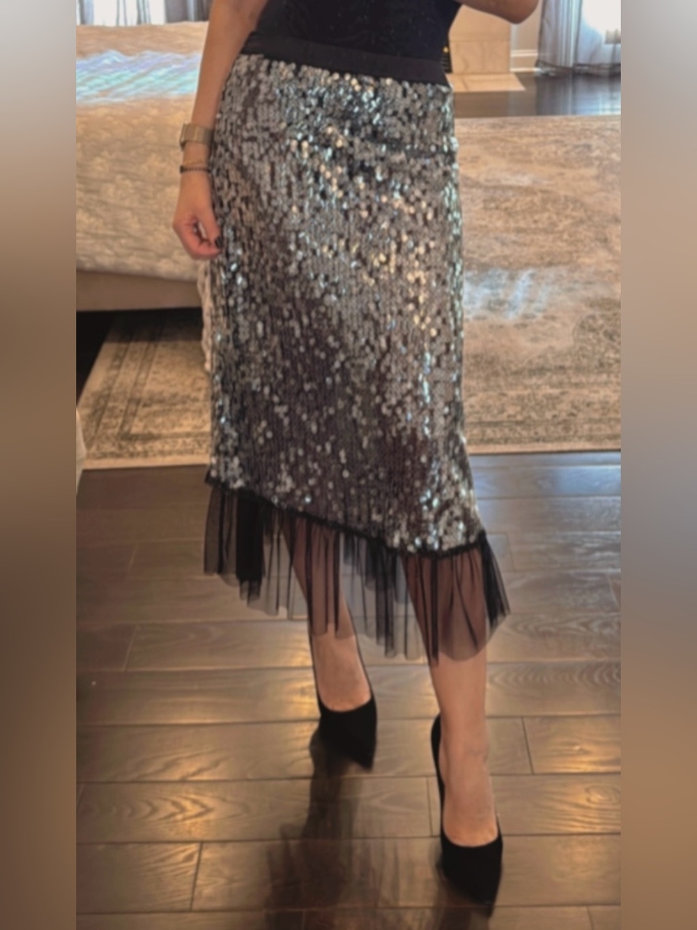 Sequin Midi Skirt with Tulle Hem - Black/Silver